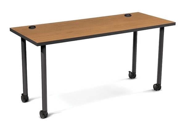 Shown with optional casters and grommets. Colors: Harvest laminate, Charcoal legs and edge
